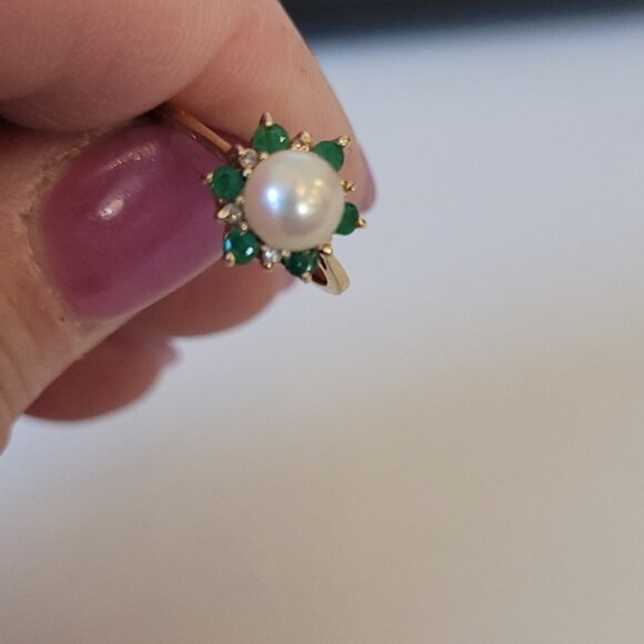 Vintage Yellow Gold Pearl Emerald Diamond Engagement Ring Size 5 - Picture 2 of 7